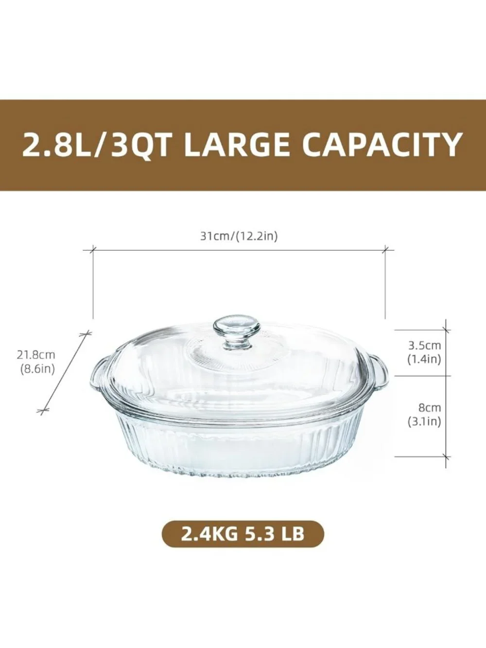 2.8L Glass Casserole Dish with Lid - Ribbed Oval Baking Dish for Oven